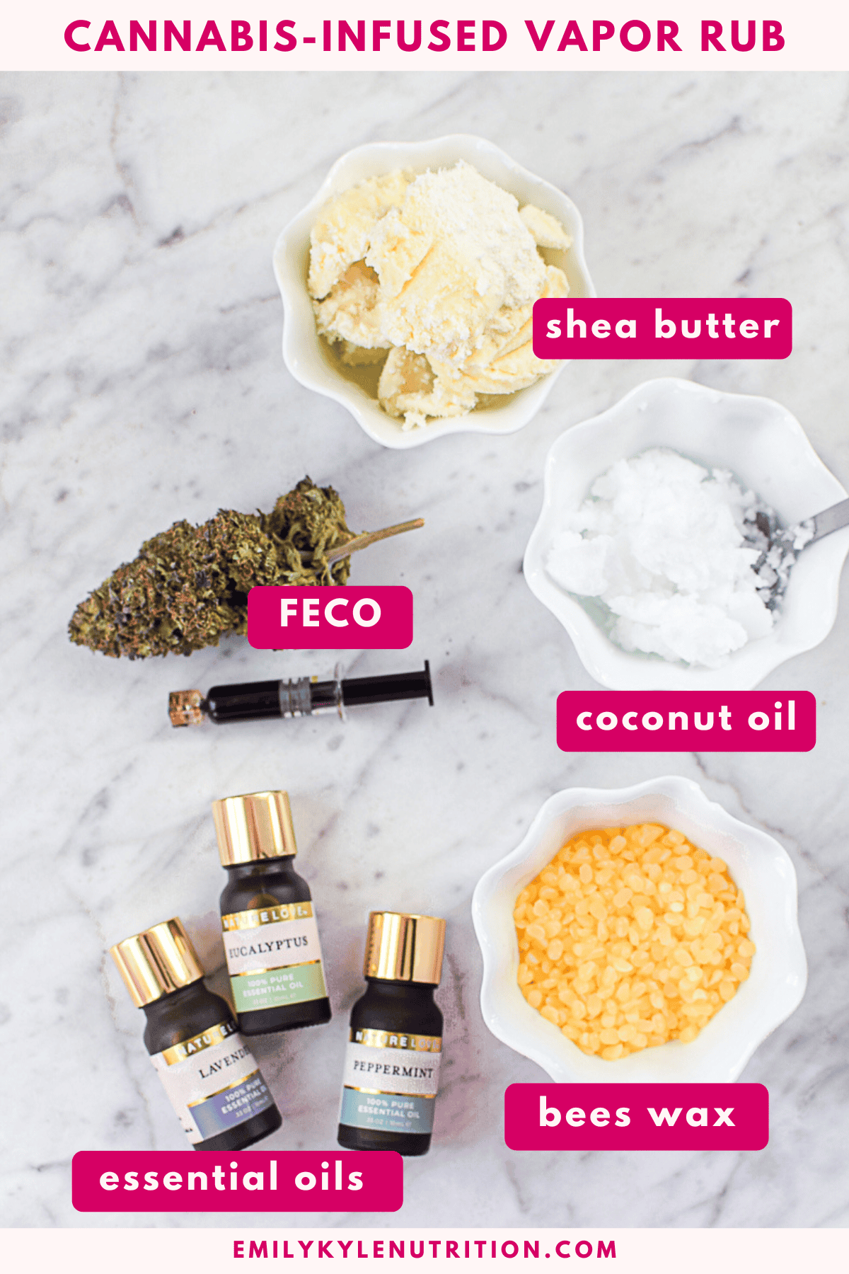 Cannabis-infused vapor rub ingredients with shea butter, coconut oil, beeswax, and essential oils.