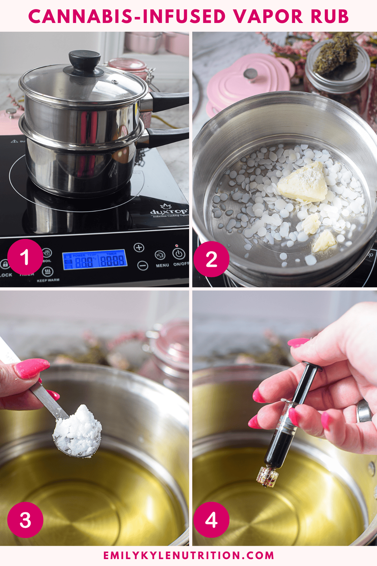 Making cannabis-infused vapor rub with a double boiler and essential oils.
