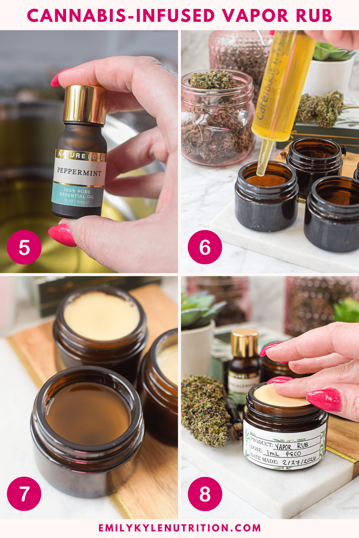 Cannabis-infused vapor rub being prepared in jars with herbs and oil.