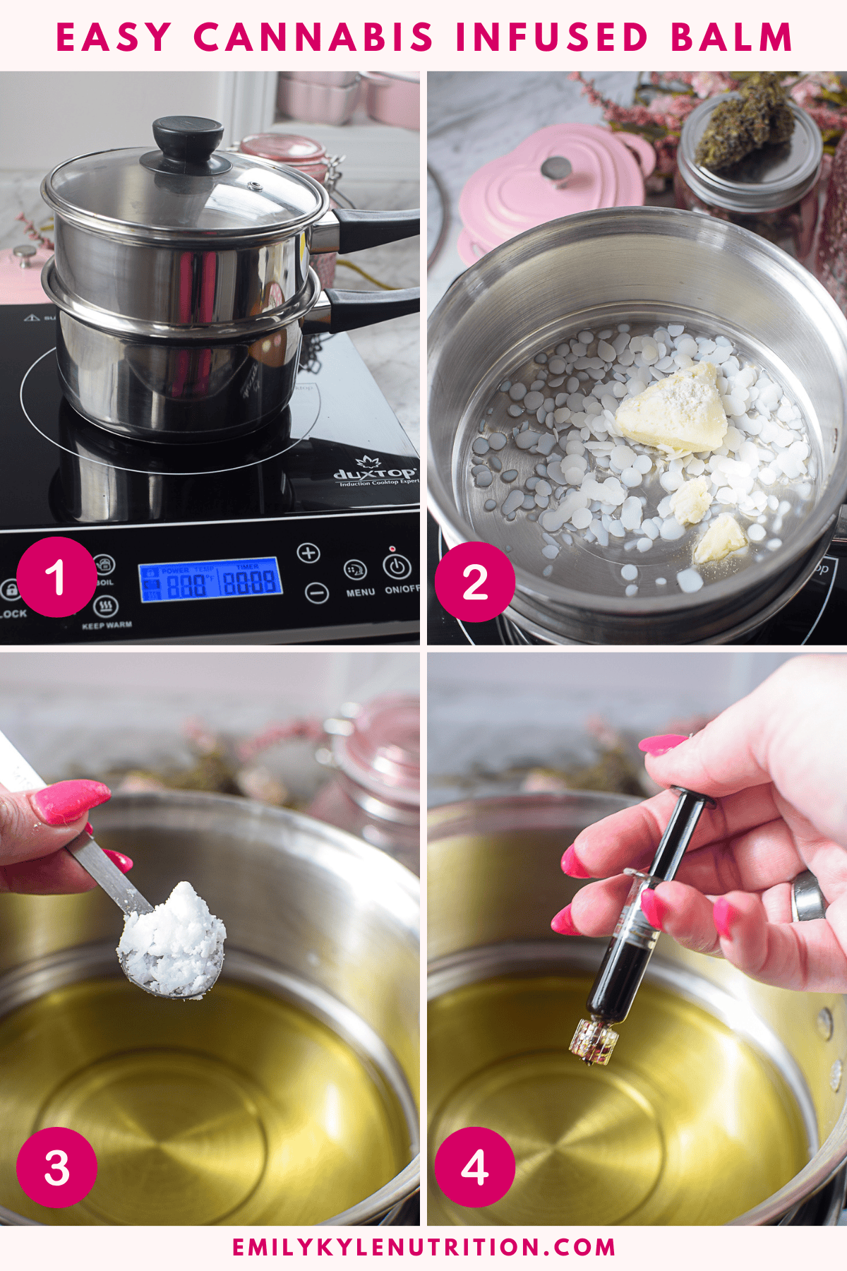 The step-by-step guide to making cannabis balm, 4 image collage.