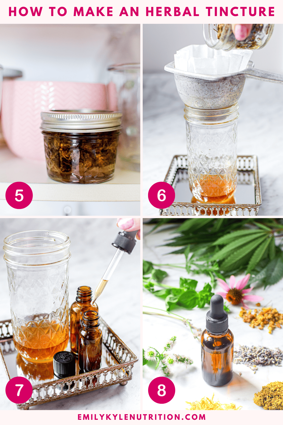 A four step image collage showing how to make an herbal tincture.
