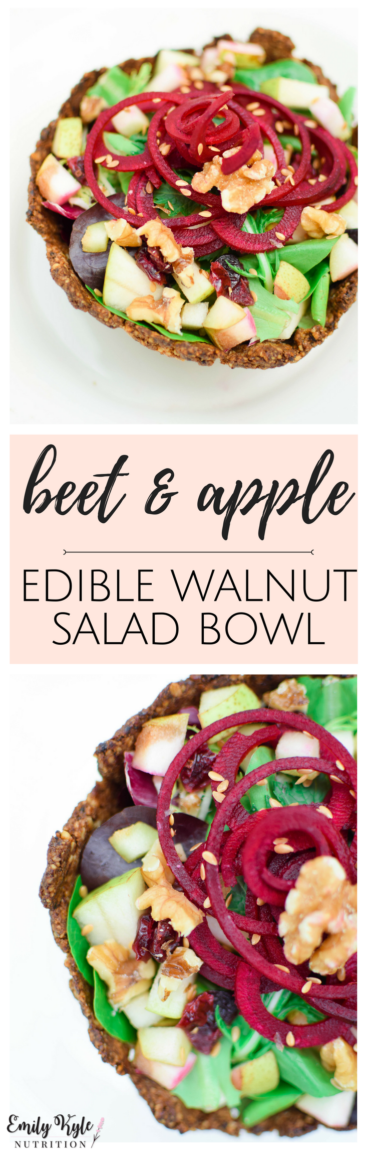 Enjoy a refreshing spiralized beet & apple salad inside a baked edible walnut salad bowl!