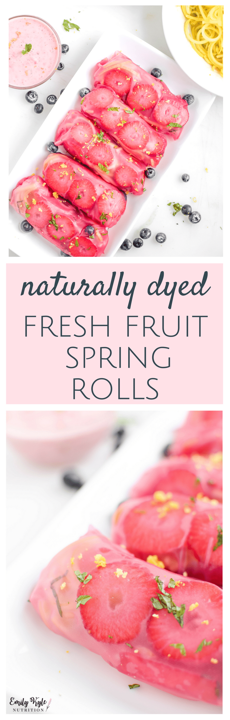 A unique twist on the classic spring roll, these Pink Fresh Fruit Spring Rolls paired with a Strawberry Mint Dip are a sweet treat that is naturally dyed, with no added sugar, naturally vegan and gluten-free!