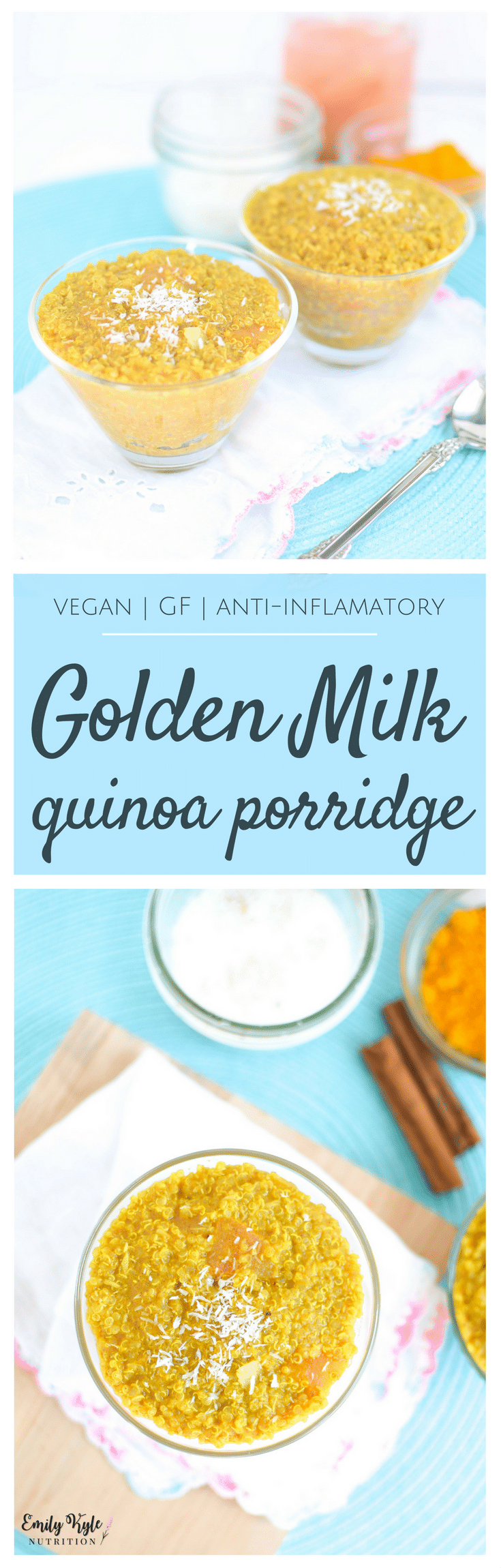 Naturally vegan and gluten free, this Golden Milk Quinoa Porridge Bowl is an anti-inflammatory, plant-based bowl of goodness with a warm, sweet flavor.