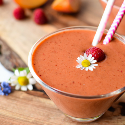 Raspberry Peach Summer Glow Smoothie by Emily Kyle Nutrition