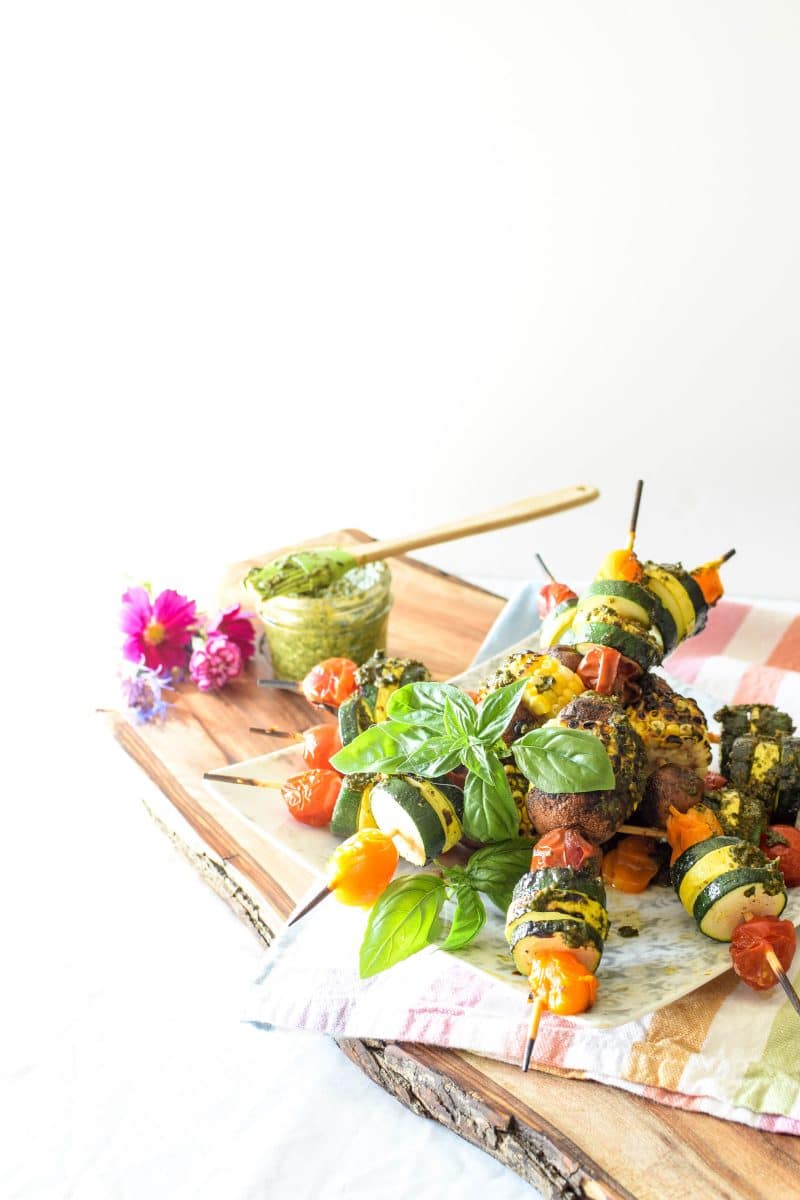 Garden Harvest Veggie Pesto Skewers by Emily Kyle Nutrition