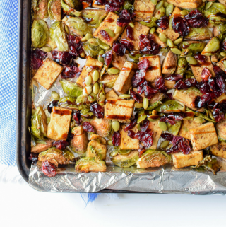 Sheet Pan Garlic Tofu & Brussels Sprouts Dinner by Emily Kyle Nutrition