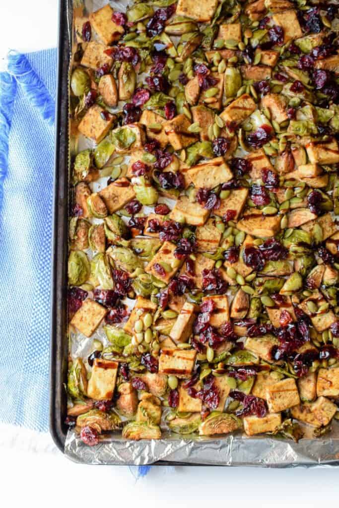 Sheet Pan Garlic Tofu and Brussels Sprouts from Emily Kyle Nutrition