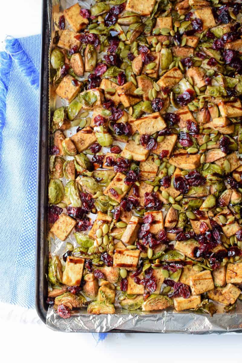 Sheet Pan Garlic Tofu & Brussels Sprouts from Emily Kyle Nutrition