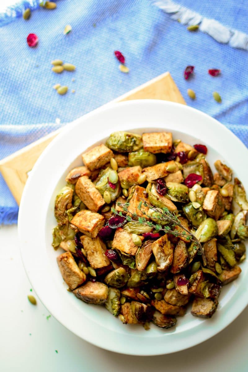 Sheet Pan Garlic Tofu & Brussels Sprouts from Emily Kyle Nutrition