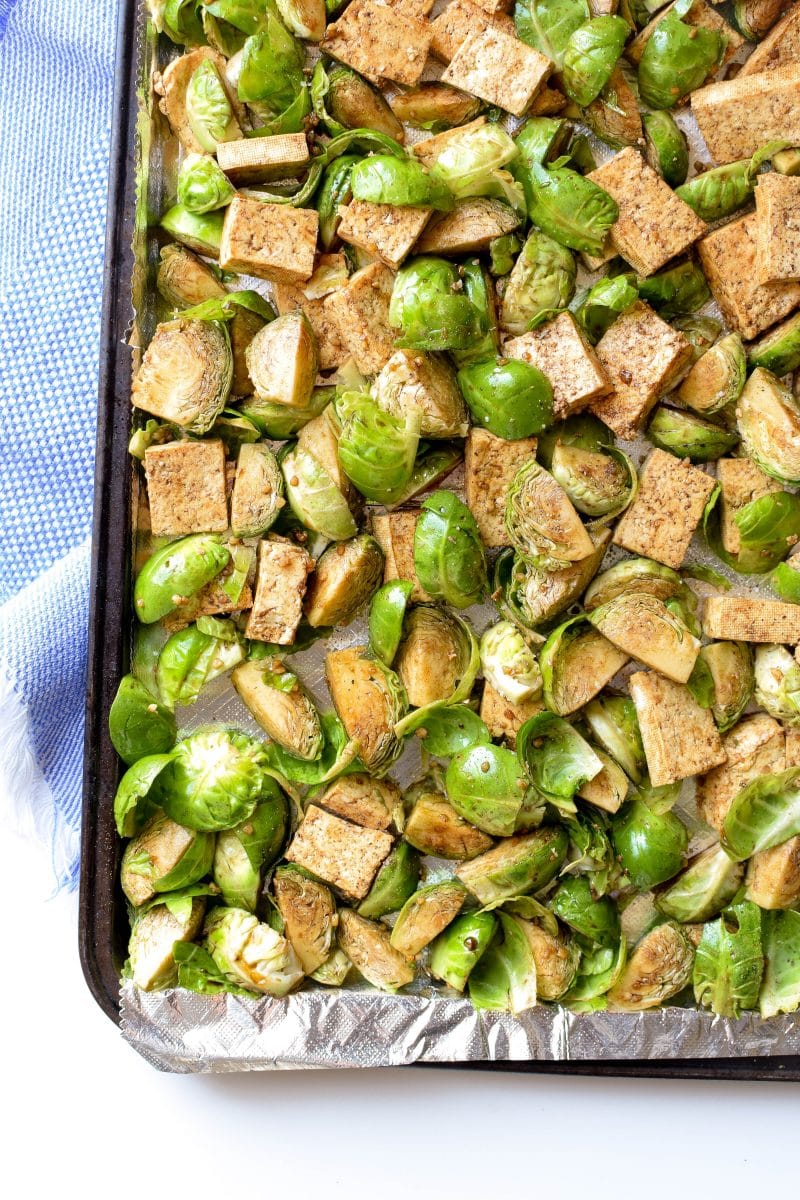 Sheet Pan Garlic Tofu and Brussels Sprouts from Emily Kyle Nutrition