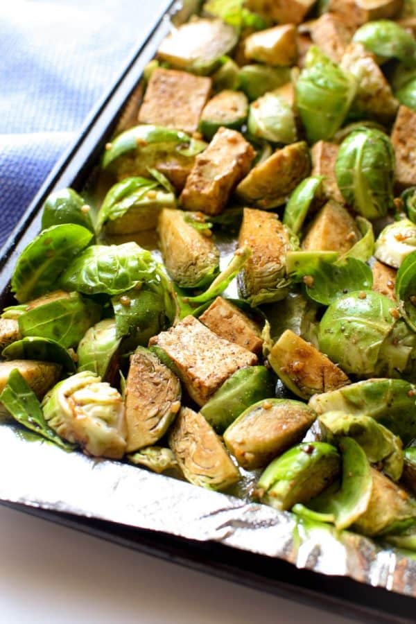 Sheet Pan Garlic Tofu & Brussels Sprouts » Emily Kyle, MS, RDN