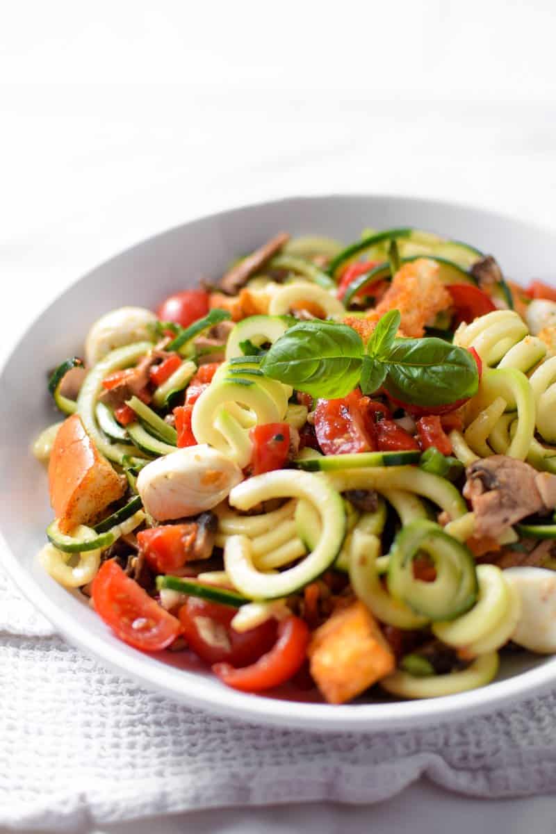 Fresh Zucchini Panzanella Salad with Asian Dressing by Emily Kyle Nutrition
