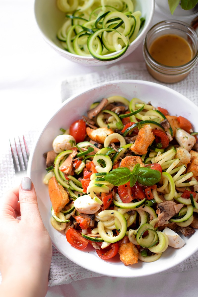 Fresh Zucchini Panzanella Salad with Asian Dressing by Emily Kyle Nutrition