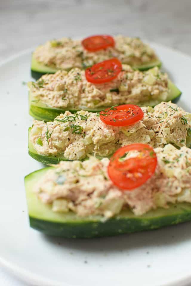 Quick And Easy Tuna Salad Cucumber Boats Emily Kyle Ms Rdn