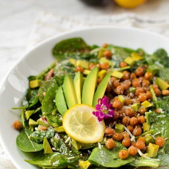 Lemony Kale, Spinach, and Avocado Salad with Salty Roasted Chickpeas