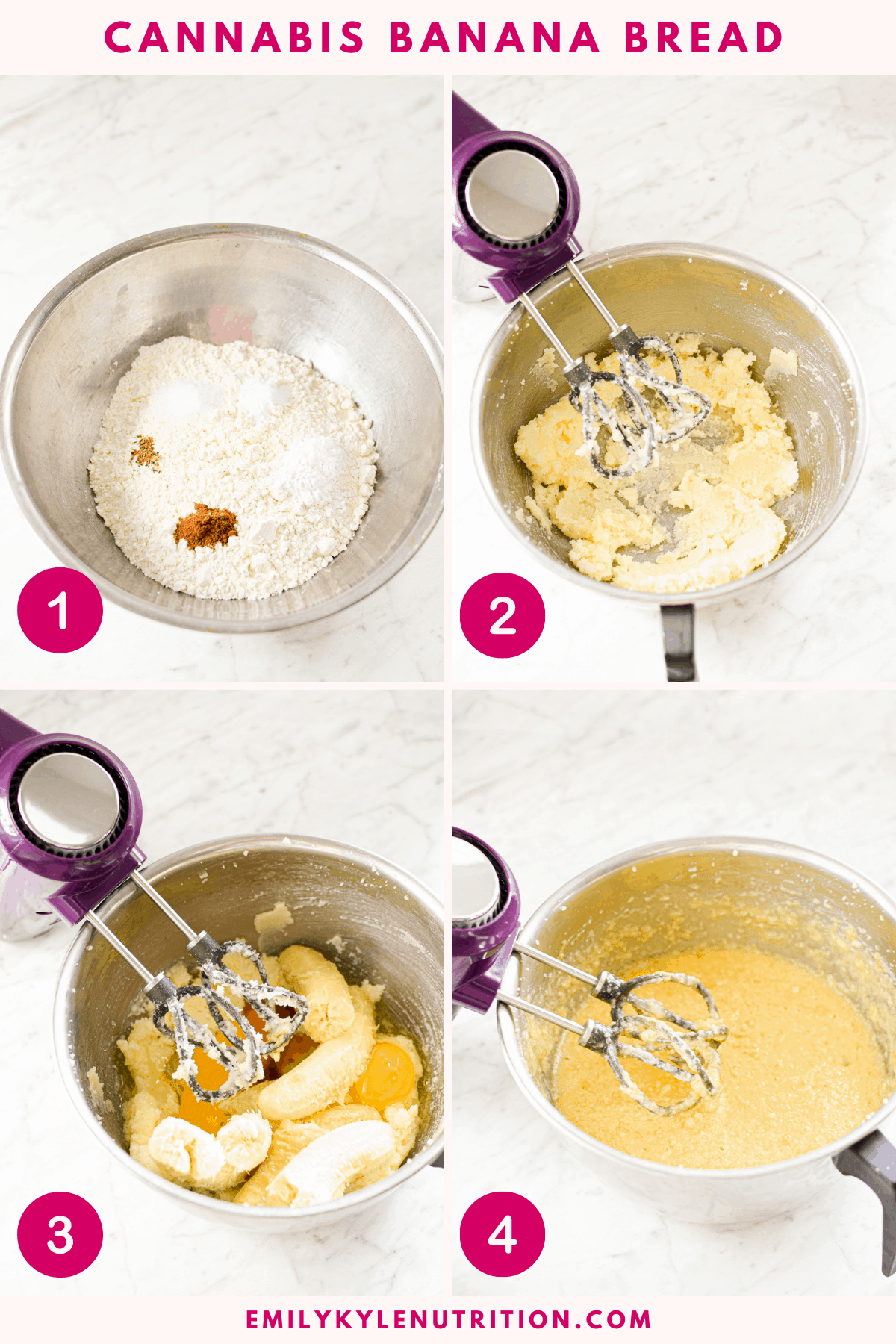 A collage of 4 images showing the first four steps in the process of making banana bread from creaming the butter and sugar to mixing them with a hand blender