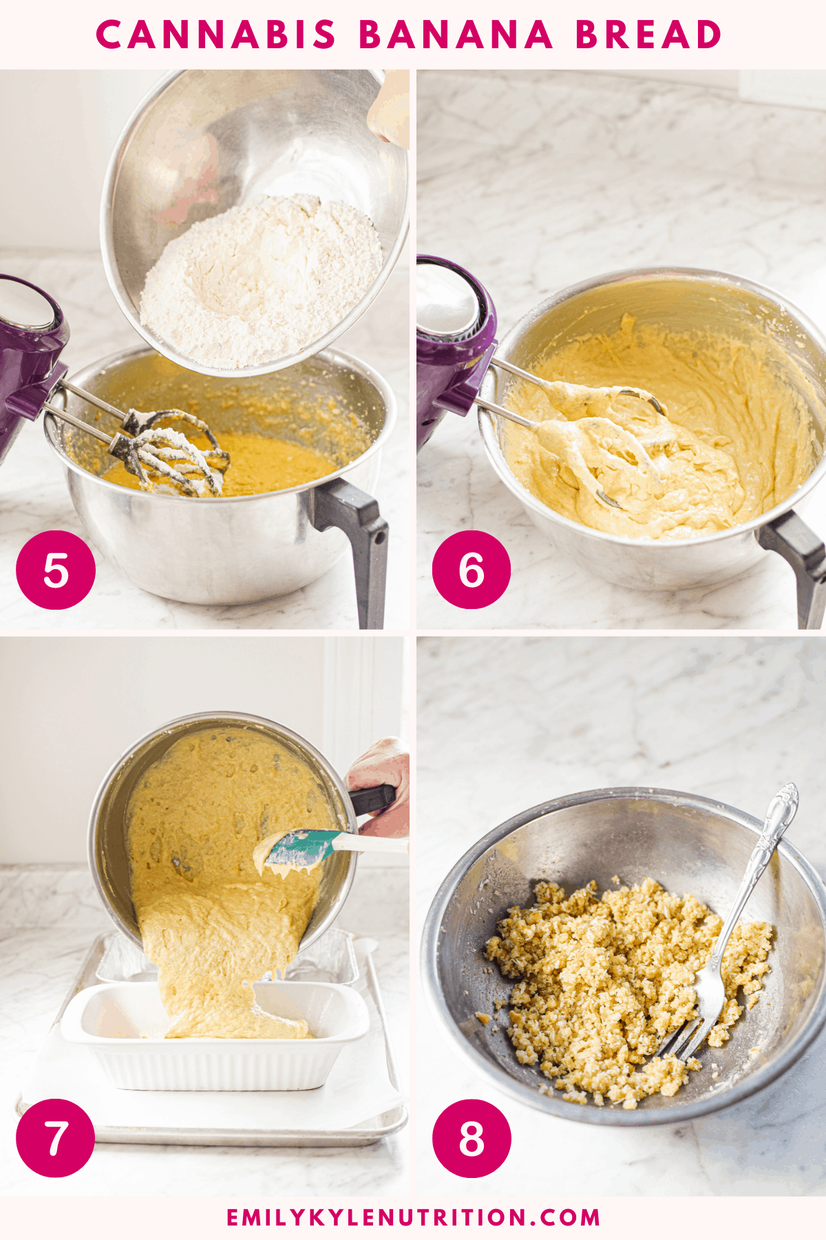 A 4 step collage showing steps 4-7 for making cannabis banana bread including adding the dry ingredients, mixing well, pouring into the pan, and making a streusel topping.