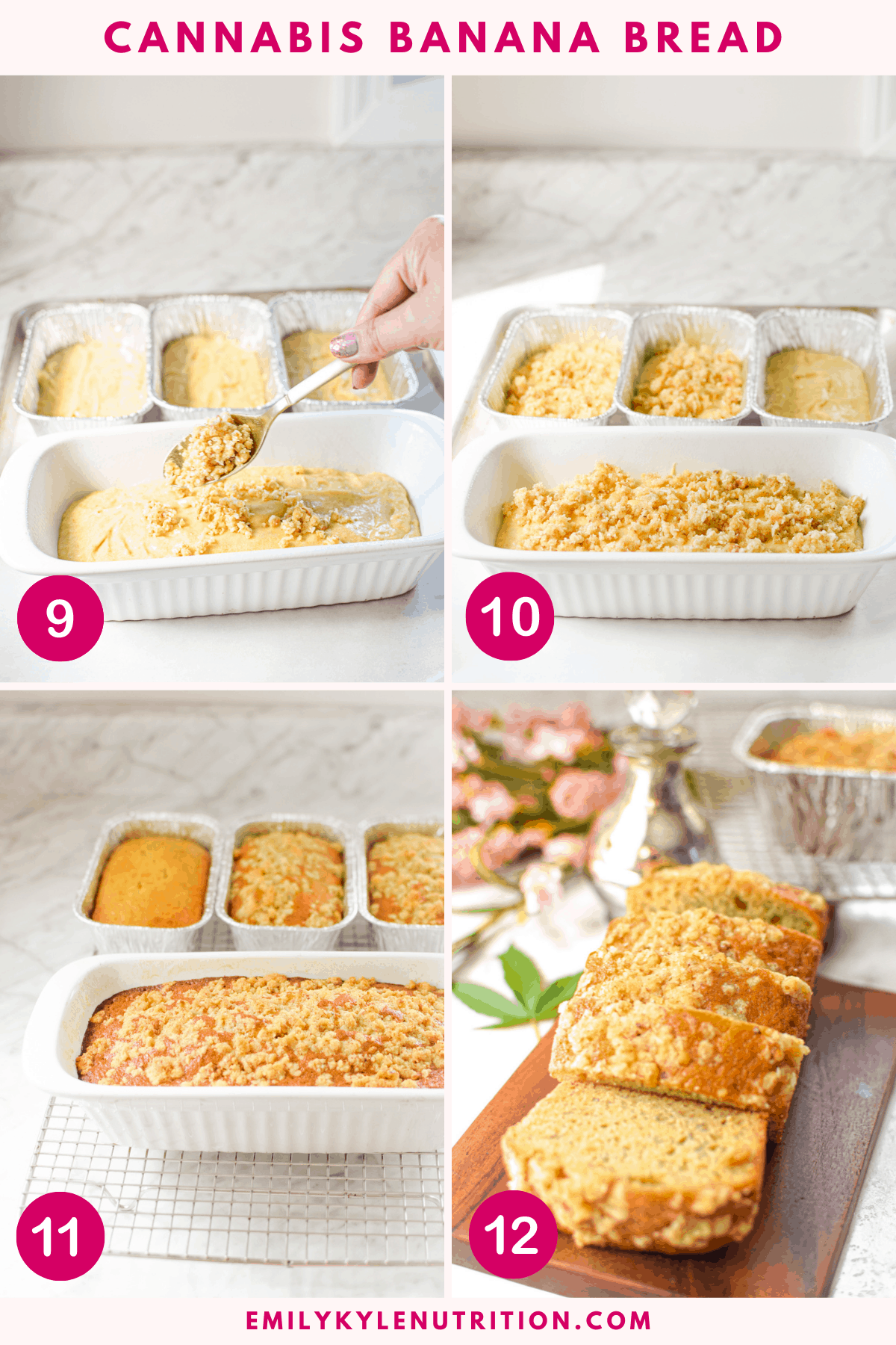 A four step collage showing the final four steps for making banana bread including topping the loaves with the walnut strussel, baking in the oven, cooling on a  rack, and the final loaf.