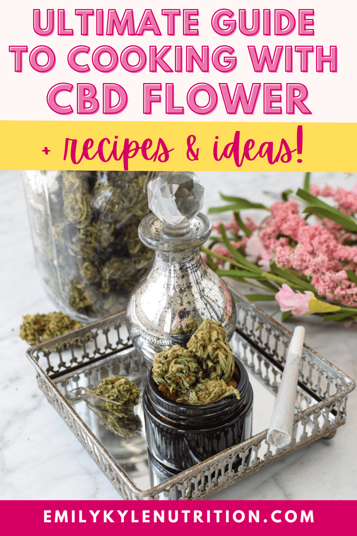 Text stating: the ultimate guide to cooking with CBD buds.