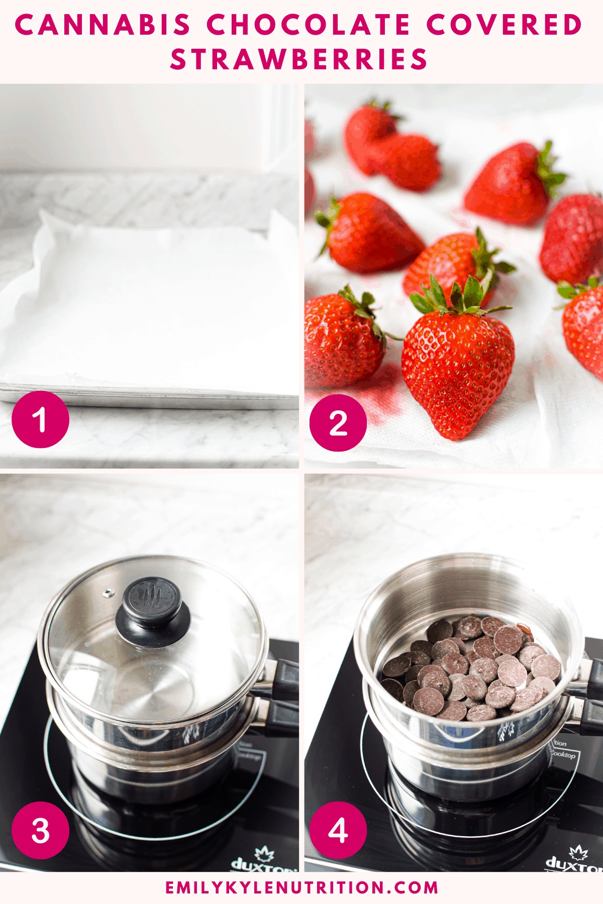 A 4 step image collage with steps 1-4 showing a parchment lined baking sheet, fresh strawberries, a double boiler and a double boiler with melting chocolates inside