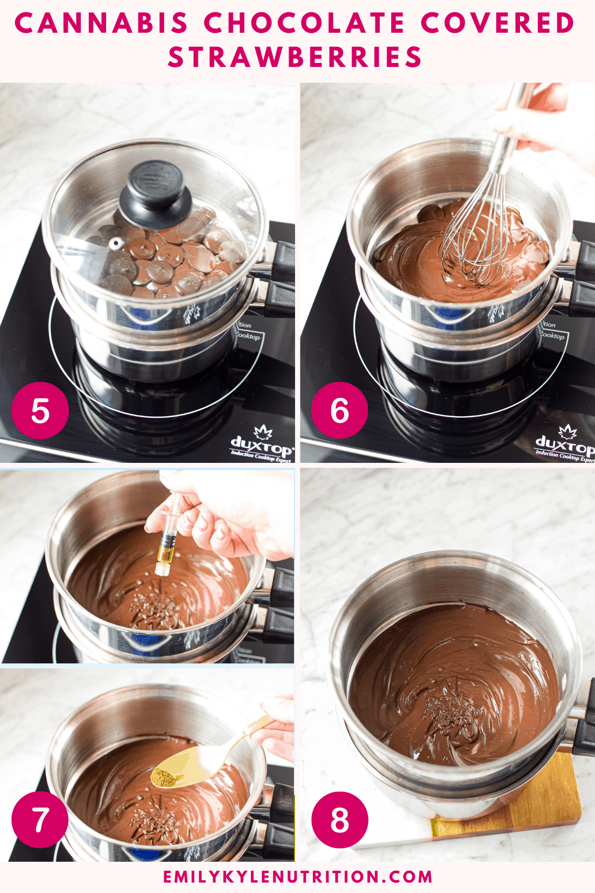 A 4 step image collage showing steps 5-8 for making chocolate covered strawberries including the melting chocolates melting, a whisk melting them, a hand putting the concentrates and cannabis in, and the final melted chocolate