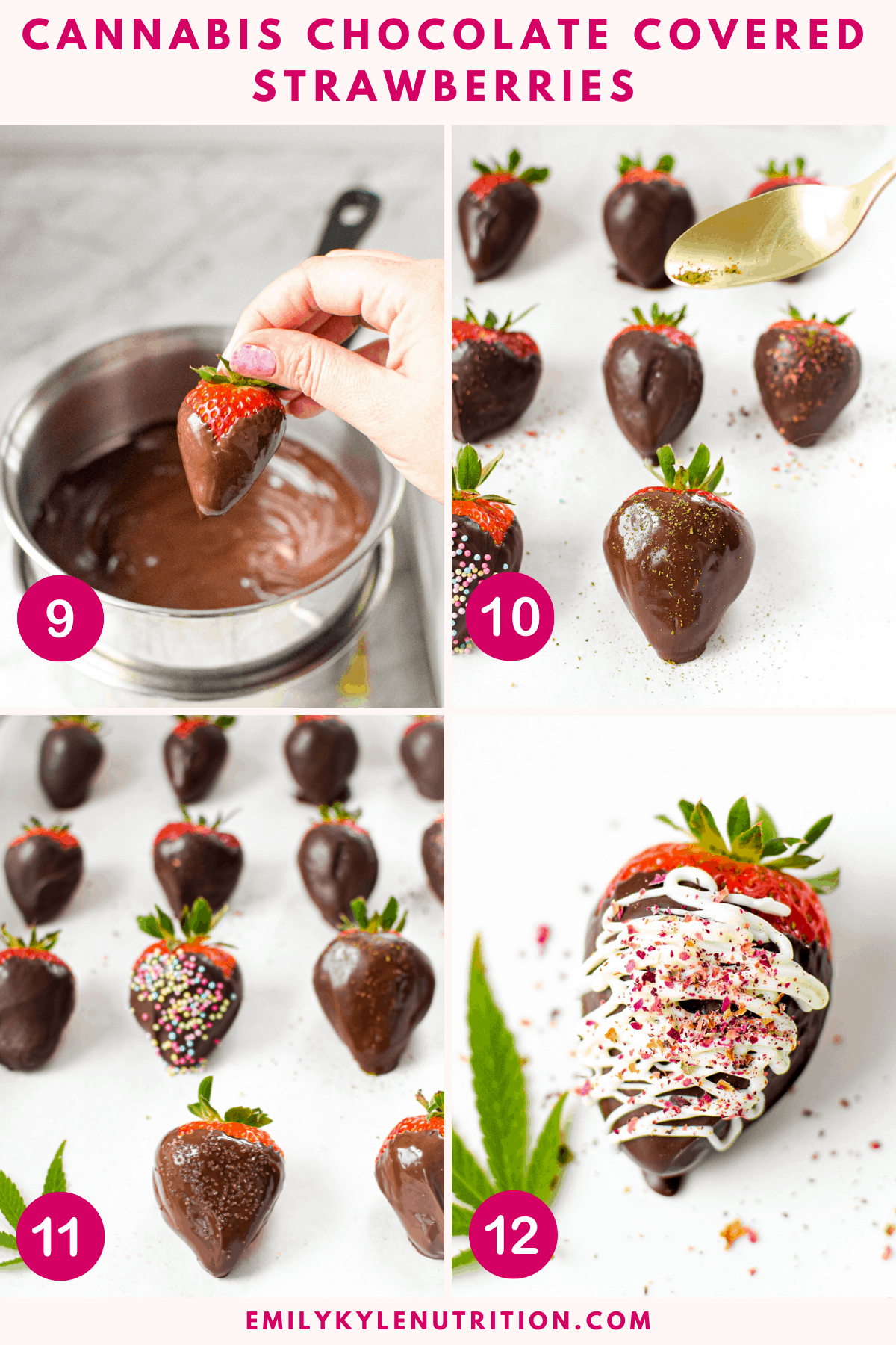 A 4 step image collage showing steps 9-12 including dipping the strawberries in chocolate, topping them with desired toppings, topping them with white chocolate and rose petals