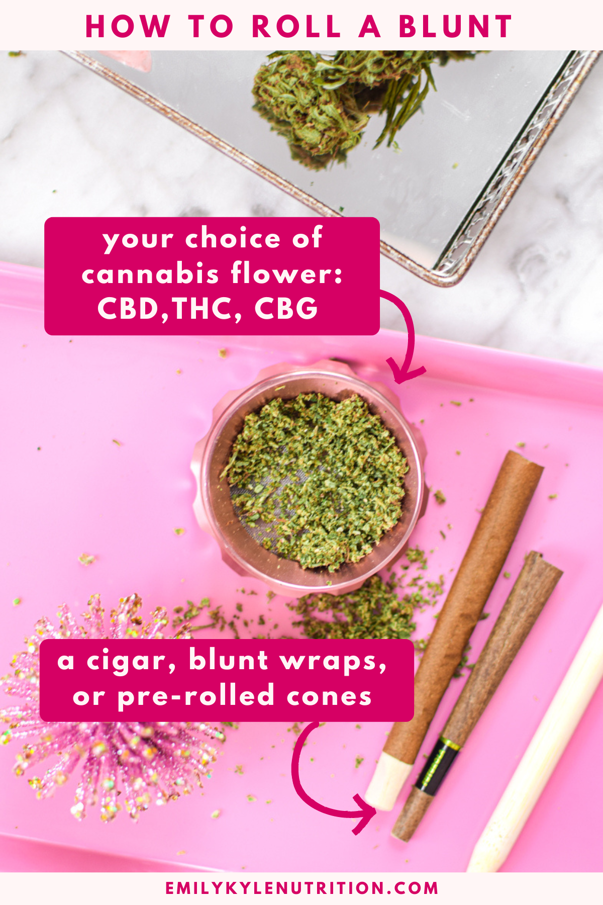 A picture of a pink cannabis grinder on a pink tray with text stating cannabis flower or wraps. 