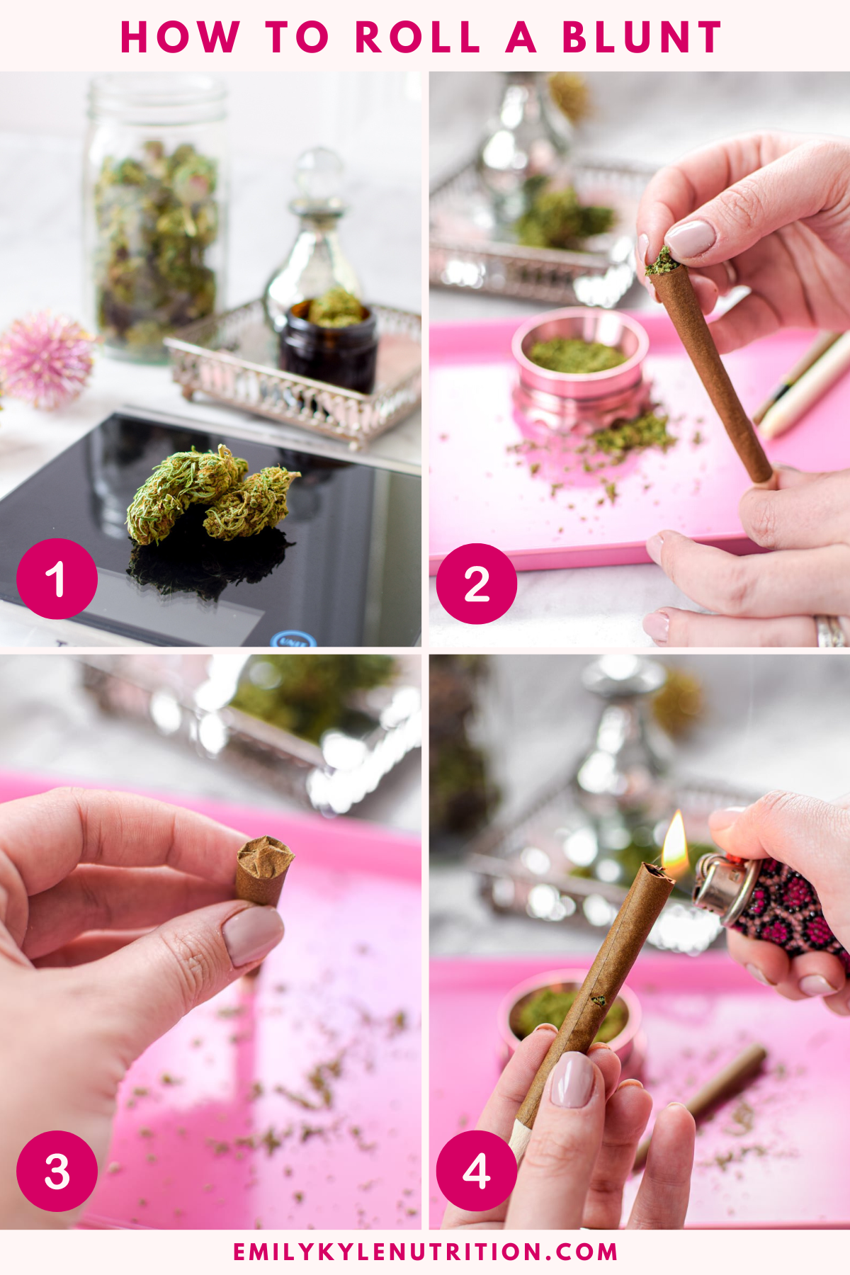 A four step image collage showing how to roll a blunt. 