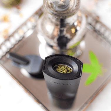 A picture of a dry herb vaporizer packed with cannabis.