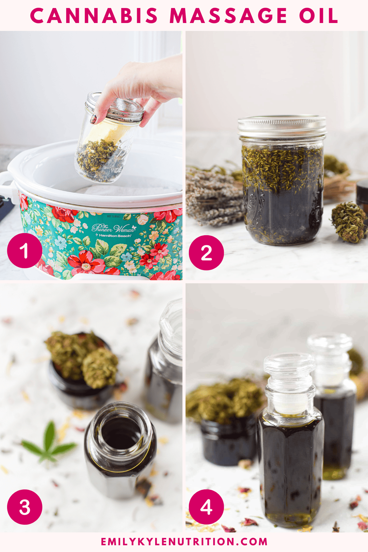 A four step image collage showing how to make cannabis massage oil. 