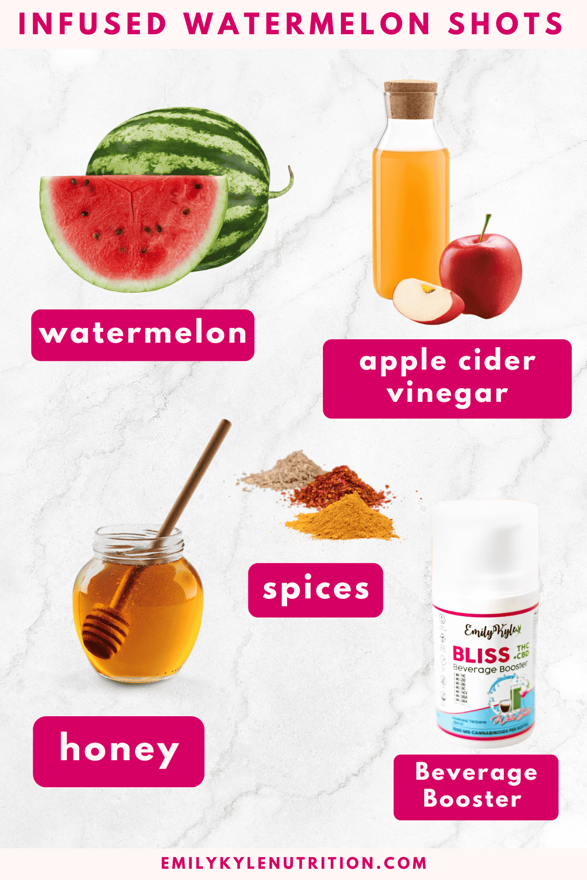 The ingredients needed to make a watermelon wellness shot. 