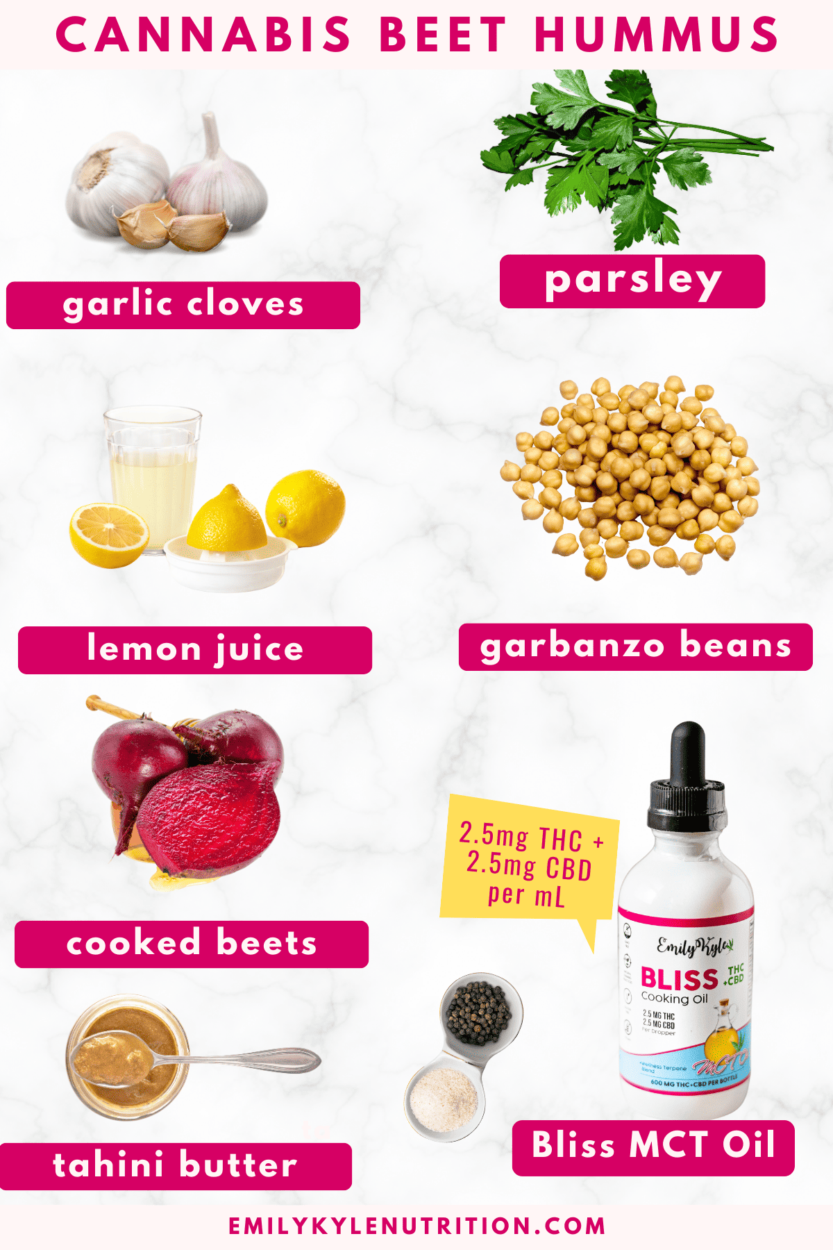 All of the ingredients needed to make a cannabis-infused beet hummus. 