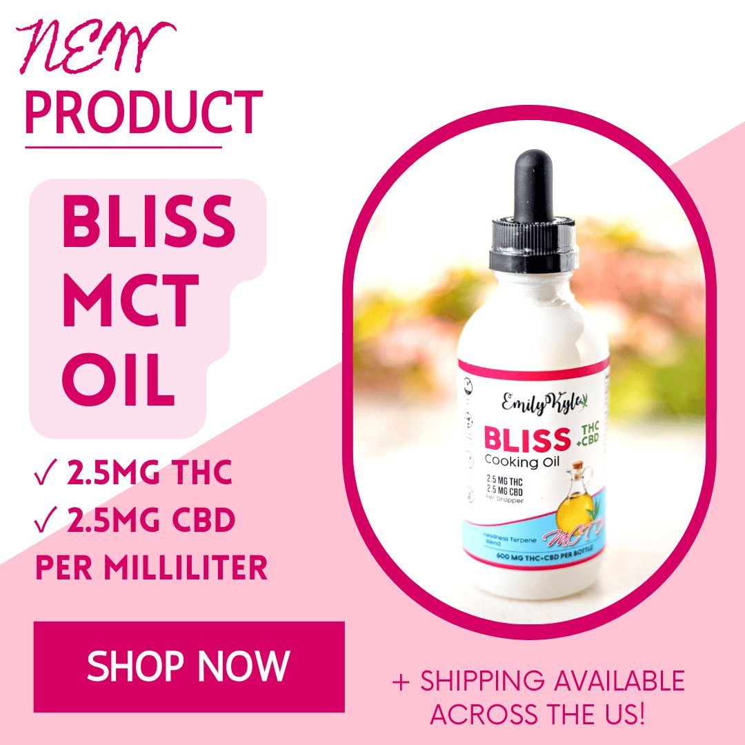 A picture of Emily Kyle's Bliss MCT oil with text as a promo image.