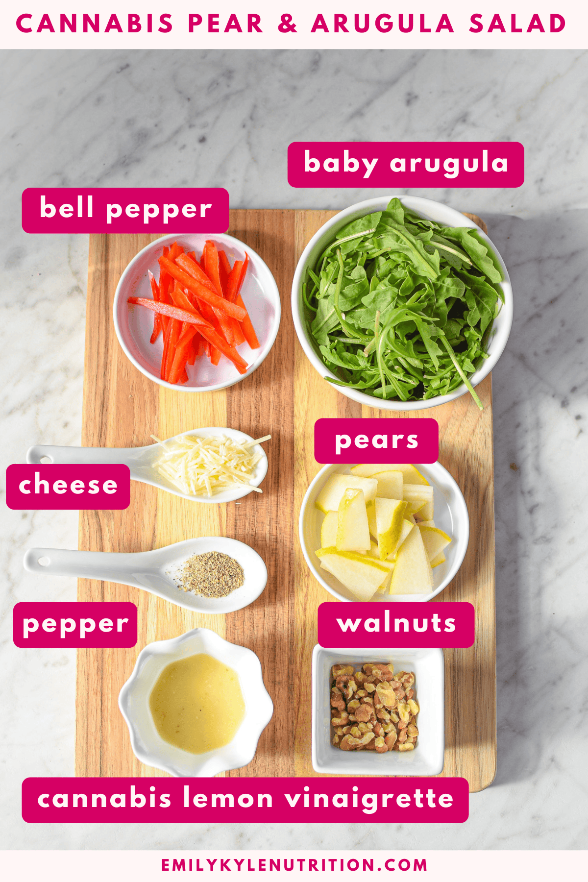 All of the ingredients needed to make a cannabis pear and arugula salad on a cutting board.