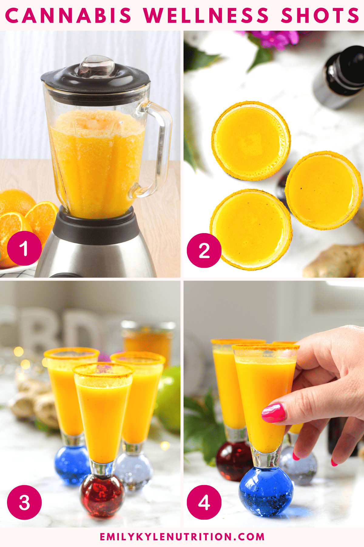 A four step image collage showing how to make cannabis wellness shots. 