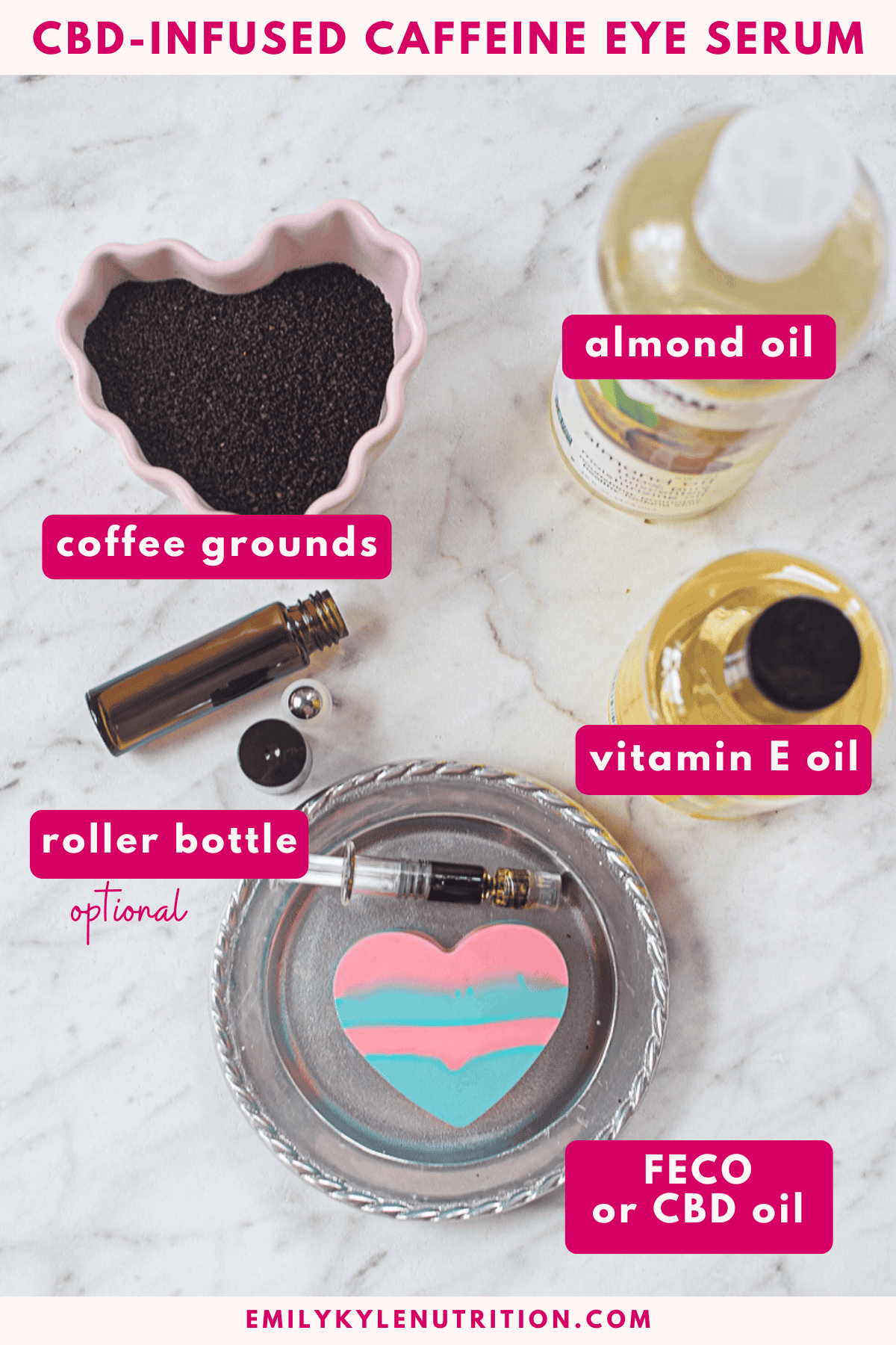 CBD eye serum with almond oil, vitamin E, coffee grounds, and roller bottle for rejuvenating skincar.