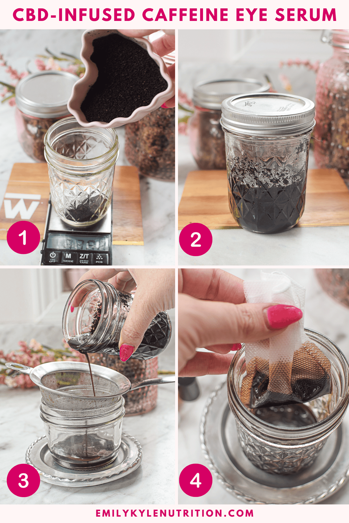 CBD caffeine eye serum in a jar with a spoon, ready for application.