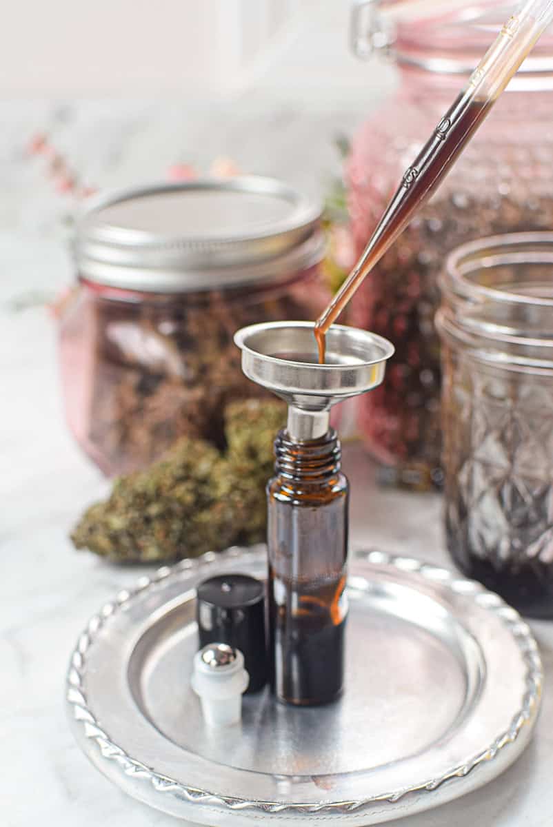 CBD eye serum dropper with oil in a glass bottle on a silver tray.