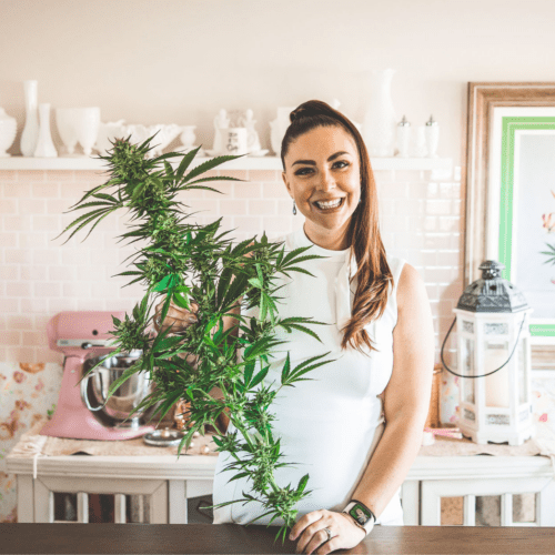 A picture of Emily Kyle in the kitchen holding a cannabis branch.