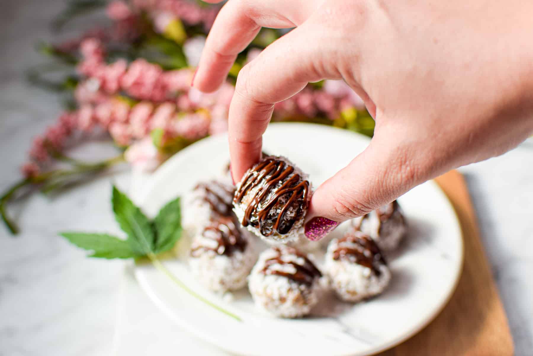 A white plate topped with several almond joy cannabis bliss balls garnished with a cannabis fan leaf with a hand holding one