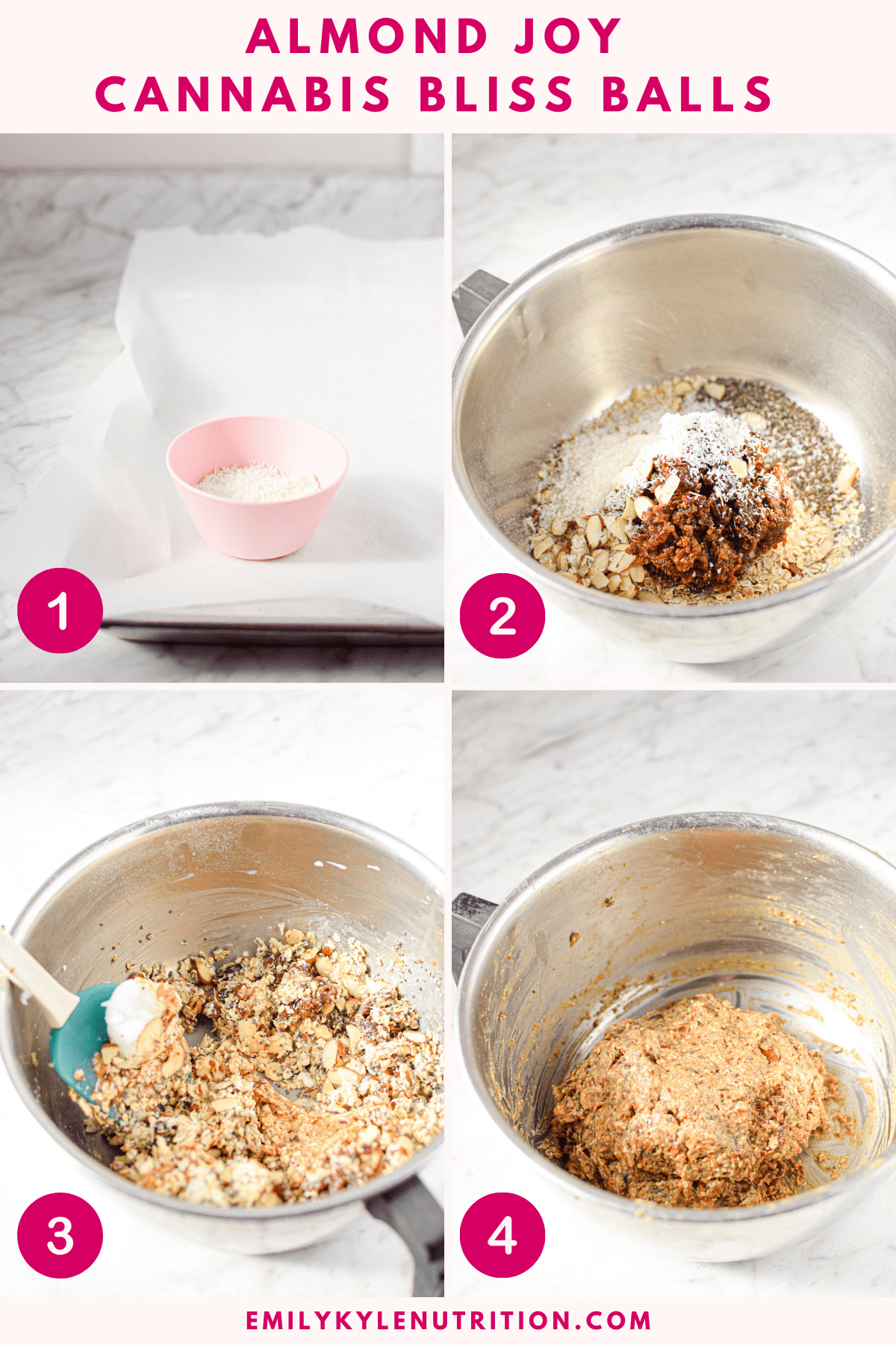 A four step image collage showing the first four steps needed to make almond joy cannabis bliss balls including a parchment lined paper, a bowl full of the dry ingredients, a bowl with the wet ingredients, and mixing them together 