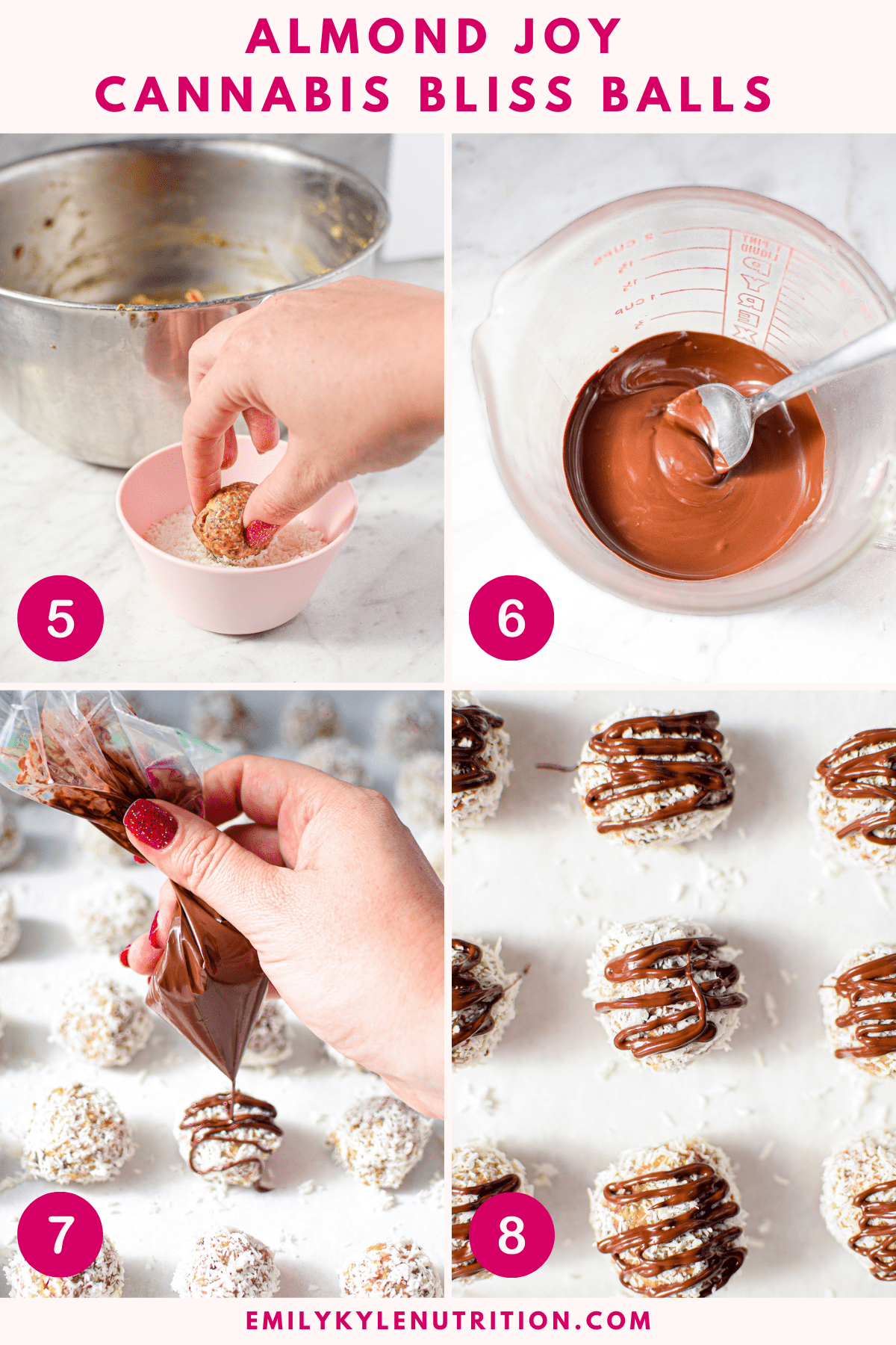 A four step image collage showing the final four steps needed to make almond joy cannabis bliss balls including dipping the balls in coconut flakes, melting the chocolate, drizzling the chocolate over the balls, and the final prepared item. 