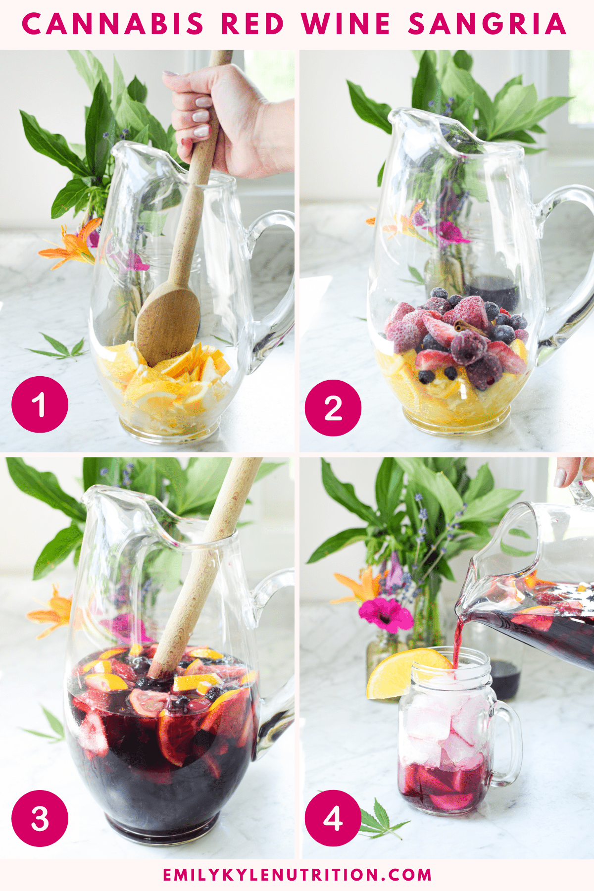 A four step image collage showing four pictures of how to make red wine sangria. 