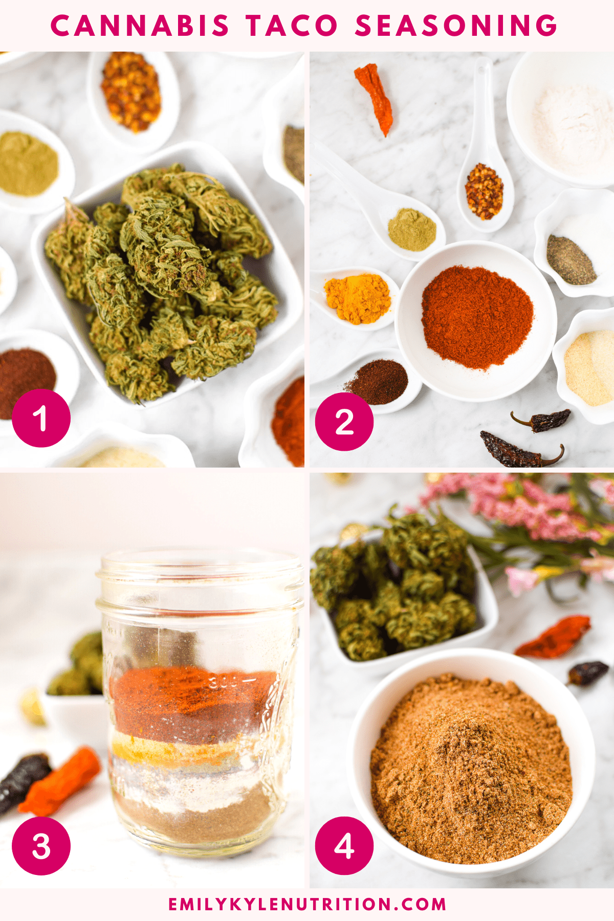 A four step image collage showing the steps needed to make cannabis taco seasoning. 