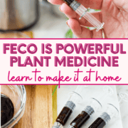 A picture of FECO syringes with text that says FECO is powerful plant medicine, learn to make it at home.