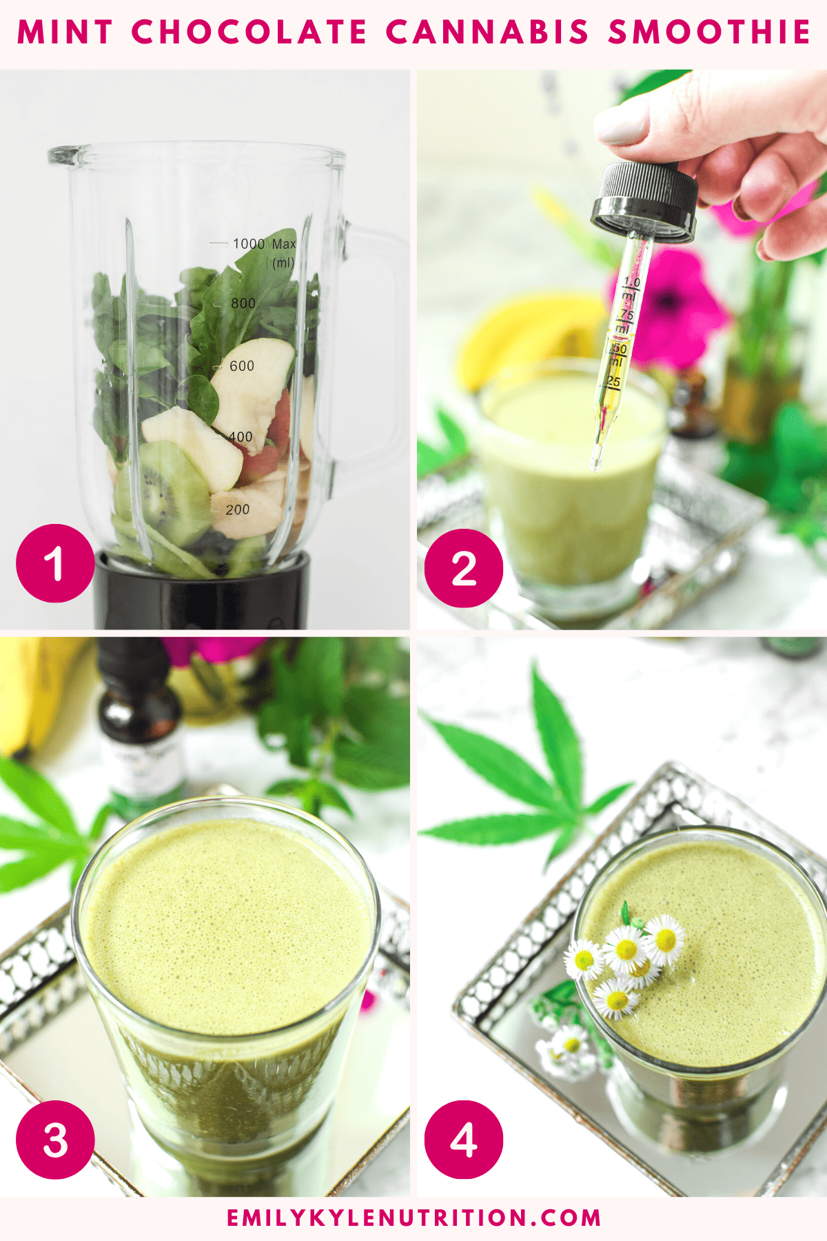 A four step image collage showing how to make a mint chocolate cannabis smoothie.