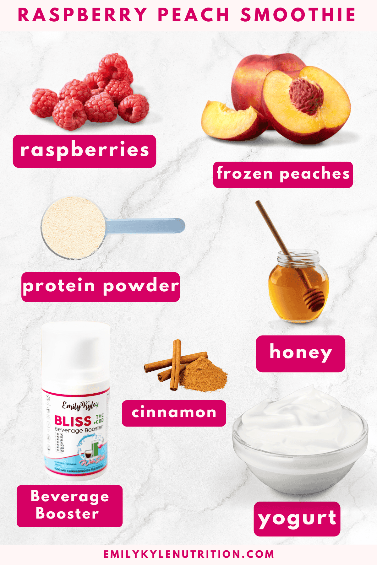 The ingredients needed to make a cannabis-infused peach smoothie.
