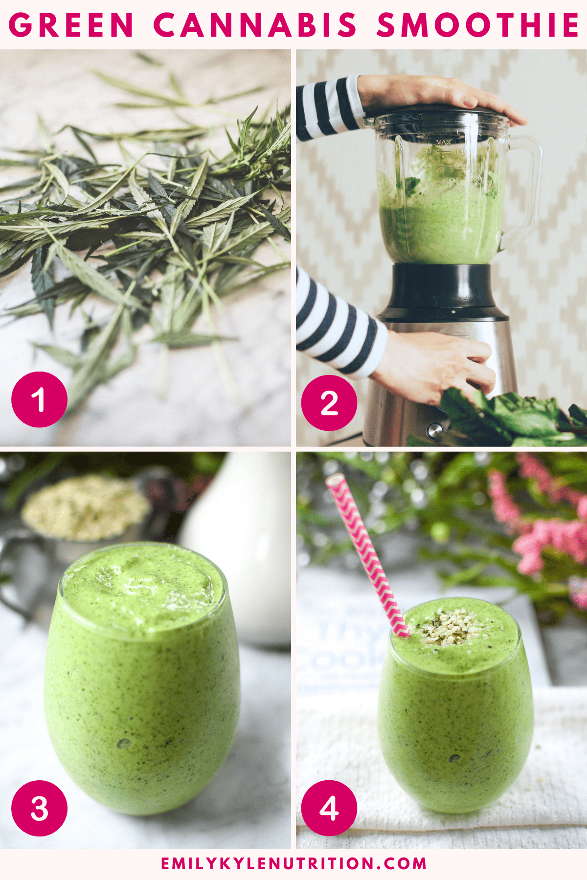 A four step image collage showing how to make a green smoothie. 