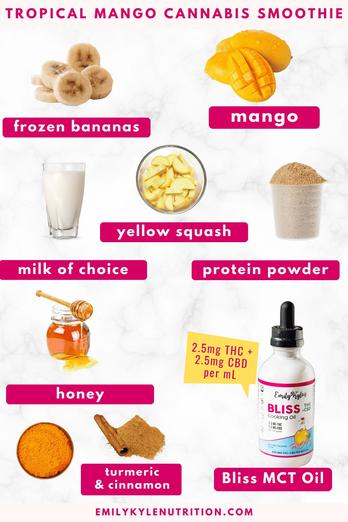 The ingredients needed to make a tropical cannabis smoothie.